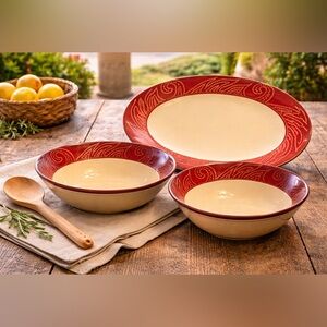Pier 1 Matira Stoneware Serving Set – Platter & 2 Bowls – Red Gold Swirl – EUC